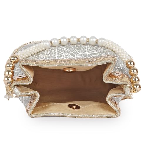Image of Nevis PU Silk Fabric Women's Embellished Potli Bag with Pearl Handle & Fringe Detailing | Designe Wedding & Festive Handbag