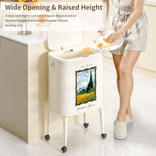 Image of MRBIN Metal Motion Sensor Kitchen Trash Can with Wheel Legs, 36L / 9.5gal Slim Waste Basket with Lid, Pet Proof Tall Narrow Garbage Pail for Vanity, Living Room, Bathroom, Bedroom, Wheatfield