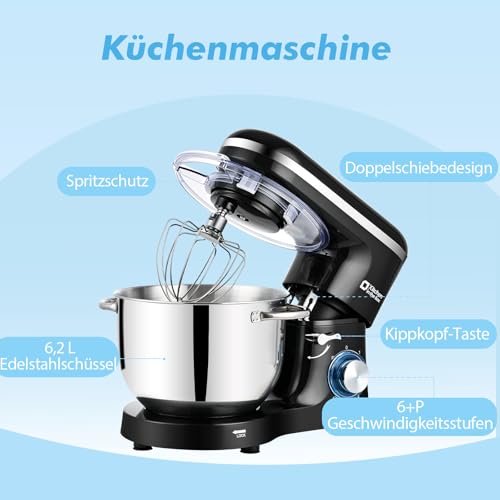 Kitchen in the box Küchenmaschine, 6,2 L Knetmaschine 1400 W, 6 Geschwindigkeits Teigmaschine mit Rührhaken, Knethaken, Schneebesen, Schwarz