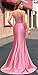 Xsqmbwb Mermaid Satin Prom Dresses 2025 Spaghetti Strap Long Evening Gown Corset V Neck Applique Formal Dress with Slit US2 Fuchsia