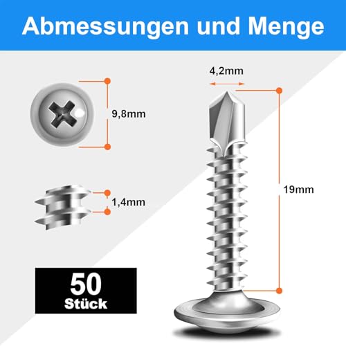 50 Stück Blechschrauben 4,2 x 19 mm, Bohrschrauben, Selbstschneidende Schrauben Edelstahl, Kreuzschlitzschrauben, mit Schraubendreher Bit