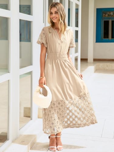 Image of Simplee Womens Summer Boho Maxi Dress V Neck Empire Waist Long Flowy Wedding Guest Dresses with Pockets