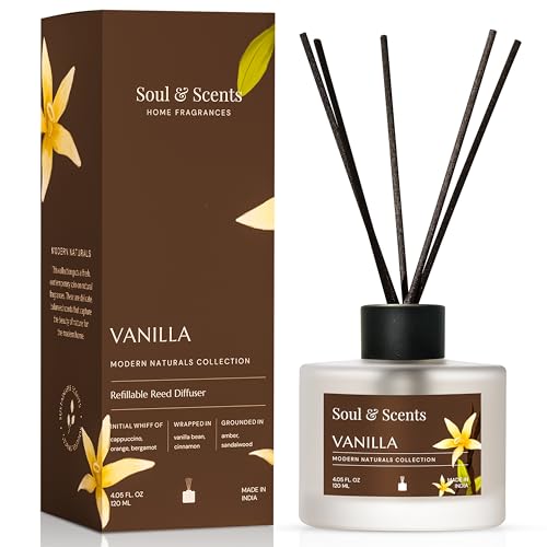 Image of Soul & Scents Glass 120ml Vanilla Reed Diffuser Set | Free 6 Fiber Reed Sticks | Stress Relief & Aromatherapy | Long-Lasting, Smoke-Free Air Freshener for Home, Bedroom & Office | Ideal for Gifting