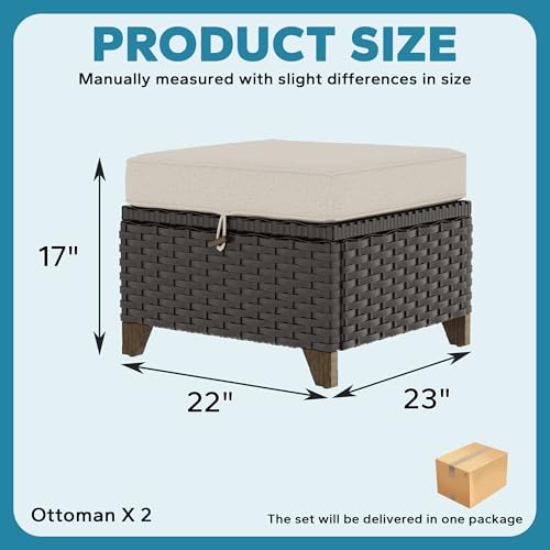 Image of 2 Pieces Patio Outdoor Ottomans with Removable and Washable Covers,PE Rattan Wicker Footstools for Porch, Garden, Sunroom (Beige) | Patio Ottoman Set with Olefin Removable Cushion, All-Weather Ottoman with Deep Seat for Porch, Deck and Backyard, Beige