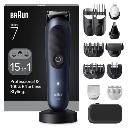 Braun All-in-One Series 7 Grooming Kit, 15in1, ProBlade & AutoSense, 120 Min, SkinGuard & Beard Fading, AquaGrip for Under Water Use, AIO7580, Designed in Germany - Blue