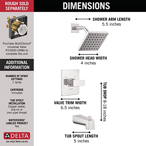 Image of Delta Faucet Modern Single-Handle Chrome Tub and Shower Trim Kit, Shower Faucet with Single-Spray Touch-Clean Shower Head, Chrome T14467-PP (Valve Not Included)