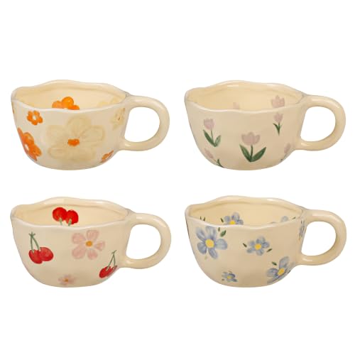 Technologywhale Vintage Ceramic Flower Coffee Mug 8 oz, Cute Irregular Latte Cup for Cappuccino Cocoa Tea, Lead-free Dishwasher Safe (4-Pack)
