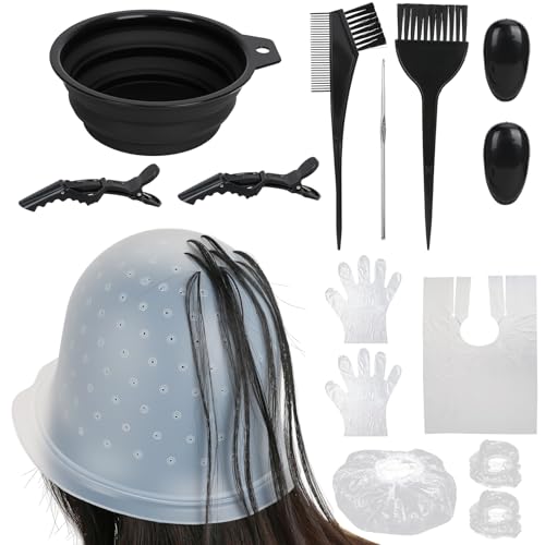 FICOFISE Gorro para mechas Juego de teñido de cabello de silicona con agujeros 12 piezas: Accesorios para teñir el cabello con pinceles, bandeja de tinte plegable y aguja | para peluquería, salón