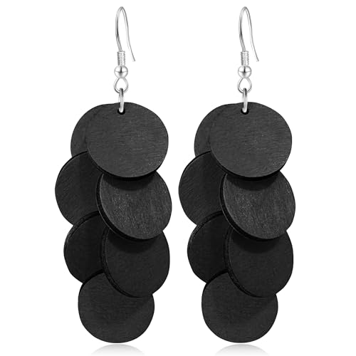 Handmade Bohemian Wooden Round Geometry Dangle Drop Earrings Long Chain Wood Disc Circle Hook Earrings For Women