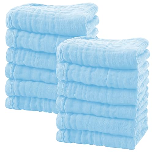 Image of SWEET DOLPHIN 12 Pack Baby Muslin Washcloths - Soft Face Cloths for Newborn, Absorbent Bath Wash Cloths, Wipes, Burp Rag - Toddlers Essentials Stuff, Baby Registry as Shower -10"x10", Aquamarine