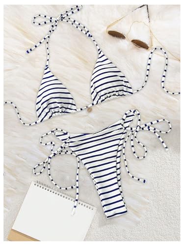 Women's 2 Piece Striped Bathing Suit Halter Triangle Tie Side Bikini Sets Vacation Summer Swimsuit4