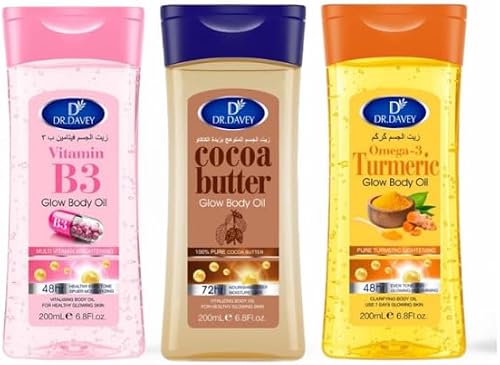 Glow Shower Oil Set, 200ml - Vitamin B3, Cocoa Butter & Turmeric | Omega-3 Turmeric, 72h Deep Moisture, 48h Skin Brightening, 3 Variants Included, All Skin Types