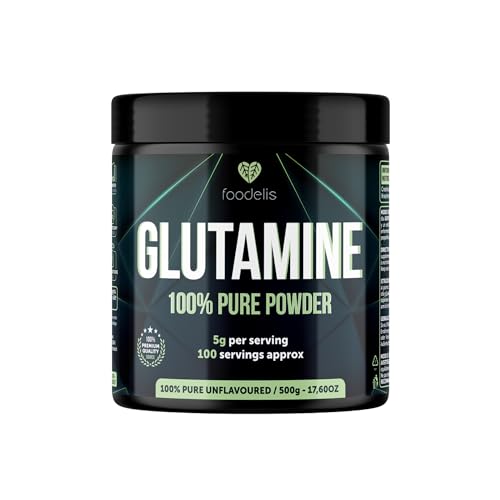 Foodelis L Glutamina en Polvo 500 g | Sin Sabor | 5 g por Dosis (100 dosis) | 100% L Glutamina Pura Sin Aditivos | Fácil de Mezclar | Incluye Dosificador