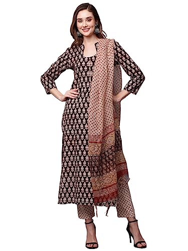Vêtement femme coton ensemble pantalon droite avec dupatta imprimé ethnique noir GoSriKi