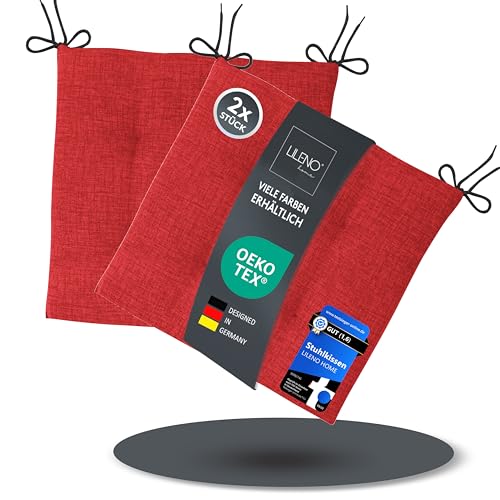 LILENO HOME 2er Set Stuhlkissen Rot (40x40x4,5 cm) - Sitzkissen für Gartenstuhl, Küche oder Esszimmerstuhl - Bequeme UV-beständige Indoor u. Outdoor Stuhlauflage als Stuhl Kissen