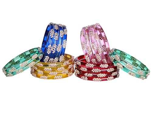 Image of Swara Creations Crystal Bangles for Women /Raindrop Kada Set /Multicolor glossy finished bangles Kadas with Silver stonework bangles for women & girls(8Pcs)(SKU265)