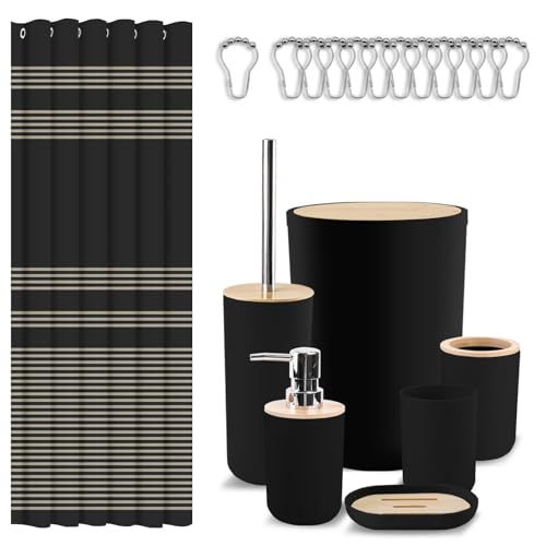 Britimes Bathroom Accessories Set, Black Shower Curtain Set with Trash Can, Soap Dispenser, Toilet Brush Holder, Toothbrush Holder and Toothbrush Cup for Bathroom Decor