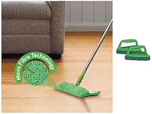 Scotch-Brite Multi-Purpose Microfiber Flat Mop with 1 Extra Refill for Dry & Wet Cleaning, 360 Degree Rotating Head and Telescopic Handle & Fibre Bathroom Scrubber Brush (Green, Pack of 2)
