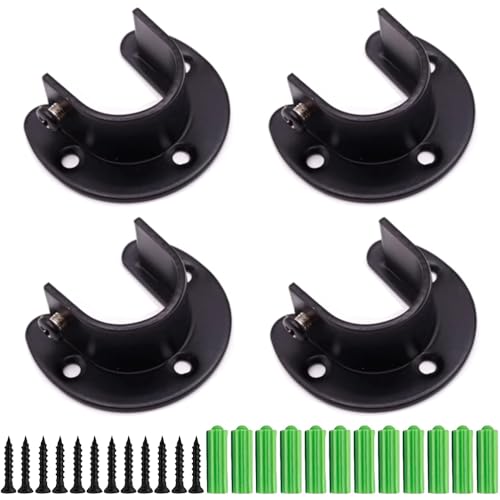 4 Packs Stainless Steel Closet Rod Brackets, 1 Inch Heavy Duty Wardrobe Bracket, U-Shaped Rod Socket Flange, Closet Rod Brackets End Supports with Screws, Black