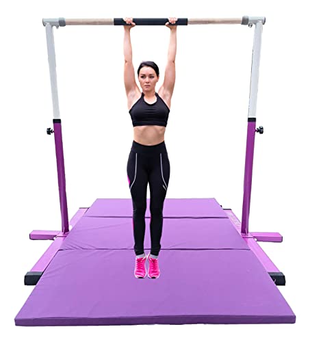 XDance Expandable Gymnastics Bar Kip Bar with 6'x4' Tumble Gymnastics Mat Set for Kids, Adjustable Height 3 to 5 FT Horizontal Bar Professional Junior Gymnast Gymnastic Bar Asymmetric Bar Purple