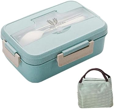 BDHD Large Capacity Lunch Box with Bento Bag, Straw Fiber, Lightweight, Leak Proof, Chopsticks and Spoon Included, Dividers Included, For Kids, Students, Commuting to Work or School, Stylish, Convenient, Present, Gift Green