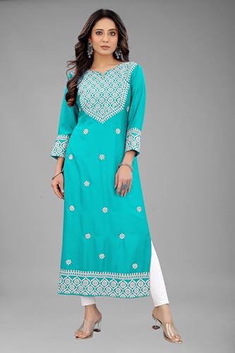 Image of Women's Rayon Embroidered Straight Kurti Under 499 Designer Attractive Look Women's Kurta