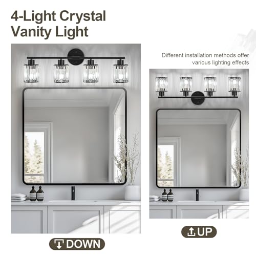 Image of Modern Black Crystal Bathroom Light Fixtures,4-Light | Bathroom Lighting Fixtures over Mirror,Vanity Lights for Mirror, Restroom(Ceramic E26 Socket,Bulbs Not Include)