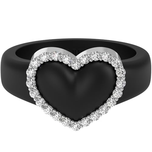 Rinfit Women's Silicone Wedding Band with Stones - Heart Ring with Cubic Zirconia - Black/Silver, Size 8