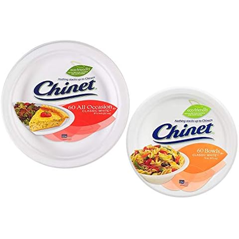 Chinet Classic Bundle - 60 Paper Bowls and 60 Paper Disposable Plates Combo - Classic White 16 Oz Bowls and All Occasion 8 3/4 Inch Classic White Plates Cover