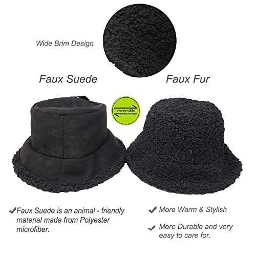 Ba Unique Fashion Reversible Solid Color Women Winter Faux Suede Fur Bucket Hat (Black Tone) #TOP6