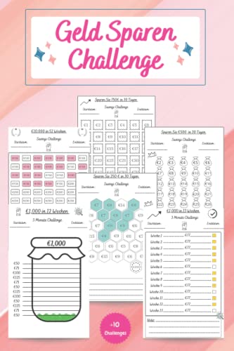 Geld Sparen challenge buch Herausforderungen: Monatlicher und wöchentlicher Spar Tracker |100€, 200€, 300€, 500€, 600€, 750€, 1000€, 10000€ + Und mehr ... Ziele | budget planner challenge deutsch