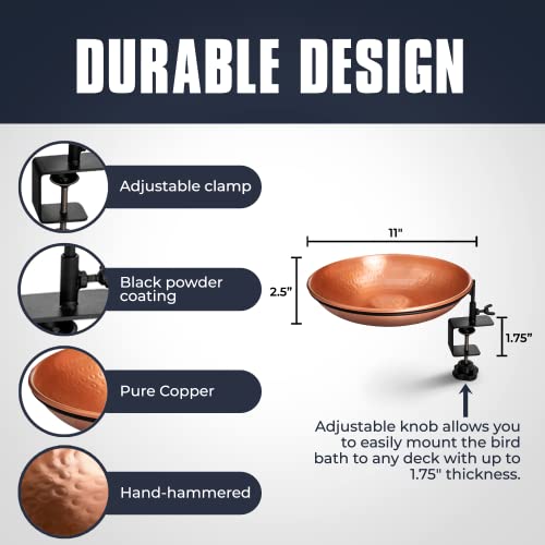 Monarch Abode Pure Copper Deck Mounted Bird Bath, Hand-Hammered Detachable Bird Feeder, Bath, & Bowl With Iron Clamp, Decor For Garden, Backyard, Patio, & Deck #TOP3