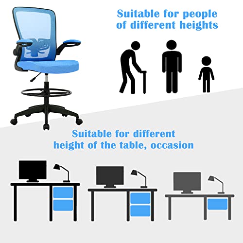 Drafting Chair Ergonomic Office Chair With Lumbar Support Flip Up Arms Footrest,Adjustable Tall Office Chair Swivel Rolling Standing Desk Task Chair Mid Back Mesh Computer Chair Drafting Stool，Blue #TOP1