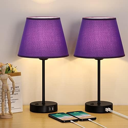 JS NOVA JUNS Bedside Lamps with USB Ports, Table Lamps with Purple Fabric Shade Set of 2, Nightstand Lamps for Bedroom Living Room Study Room Office