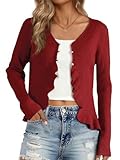 Allegra K Ruffle Cardigan for Women's V Neck Long Sleeve Open Front Sweater Knit Bolero Shrugs Medium Dark Red