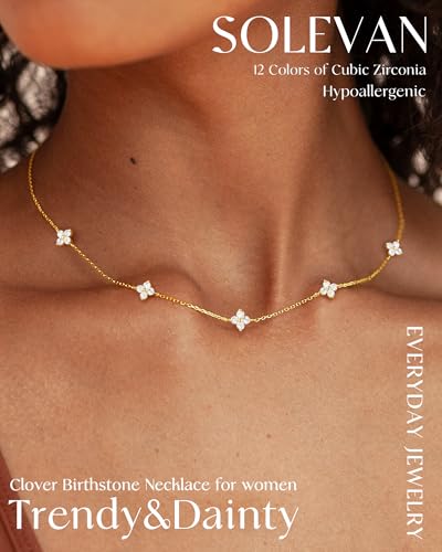 SOLEVAN Dainty Clover Birthstone Gold Necklaces for Women Trendy Non Tarnish Layered 14K Gold Plated Station Choker Necklace Cute Flower Friendship Necklace Stack for Wedding Prom Brides Jewelry Gifts