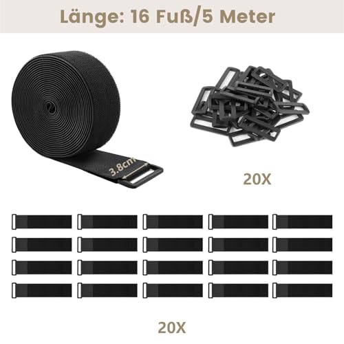 ZSURLUX 3,8cm x 5m Klettband mit 20 Schnallen, Breit Klett Kabelbinder Wiederverschließbar, Klettverschluss Band Verstellbar, Klettgurt mit öse zur Organize und Aufbewahrung Schwarz