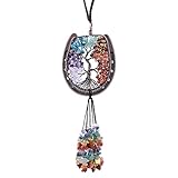 mookaitedecor Horseshoe Tree of Life Hanging Ornament for Car Rear View Mirror, Crystal Wall Hanger for Window Home Decoration, 7 Chakra Stones