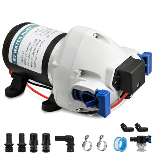 12V DC Water Pump 1.4 GPM (5.3 L/min) Up to 30 PSI Pressure Self-Priming Diaphragm Pump with Heavy Duty Pressure Switch and Strainer Ideal for RV Marine Campervan Agricultural & Garden Use
