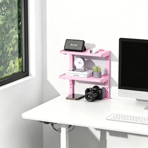 Image of 2-Tier Desk Shelf, Expandable Under Desk Storage, Clamp on Desk Shelf, Desktop Accessories for Offices, Study Rooms, and Game Rooms (Pink)