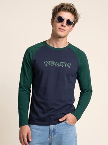 Image of Veirdo Pure Cotton Regular Fit Round Neck Front Chest Typographic Logo Printed Raglan Full Sleeve T-Shirt for Men (Colors: Green, Brown & Maroon)