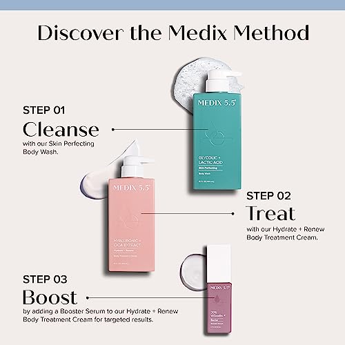 Medix 5.5 Exfoliating AHA Glycolic Acid Face & Body Wash Cleanser + Hyaluronic Acid Moisturizing Body Cream Lotion Skin Care 2PC Set | Alpha Hydroxy Acid & Lactic Acid Foaming Face Wash