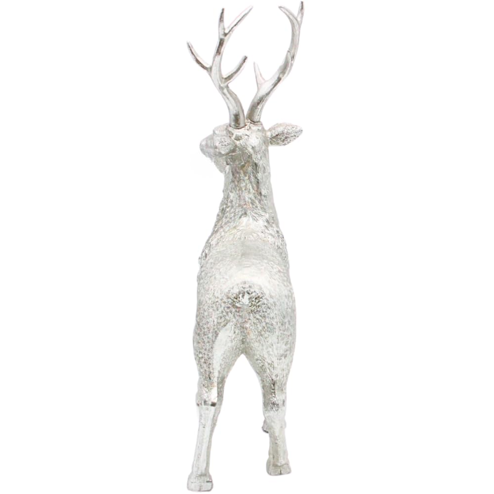 Dekohelden24 Keramik Dekofigur, Moderne Deko-Statue, Landhaus-Skulptur als Hirsch in Silber - Glitzer, stehend, L/B/H: 24 x 10 x 36cm