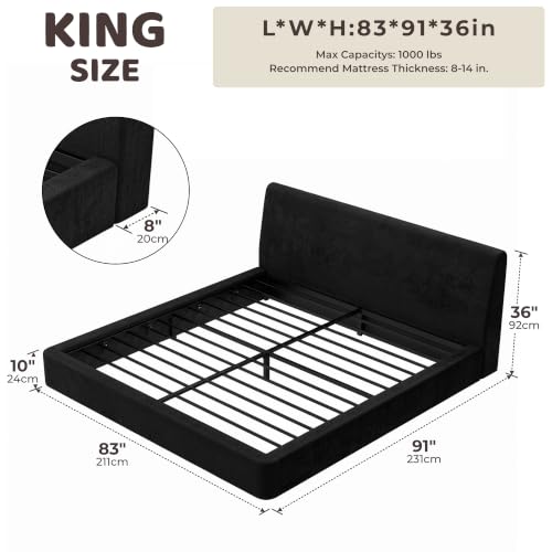 Image of RECCI AirFrame King Upholstered Bed Frame with Ergonomic Angled Headboard | Ergonomic Angled Headboard, 360 Soft Foam Surround, Low Profile Cloud Bed Frame, No Box Spring Required, Easy Assembly