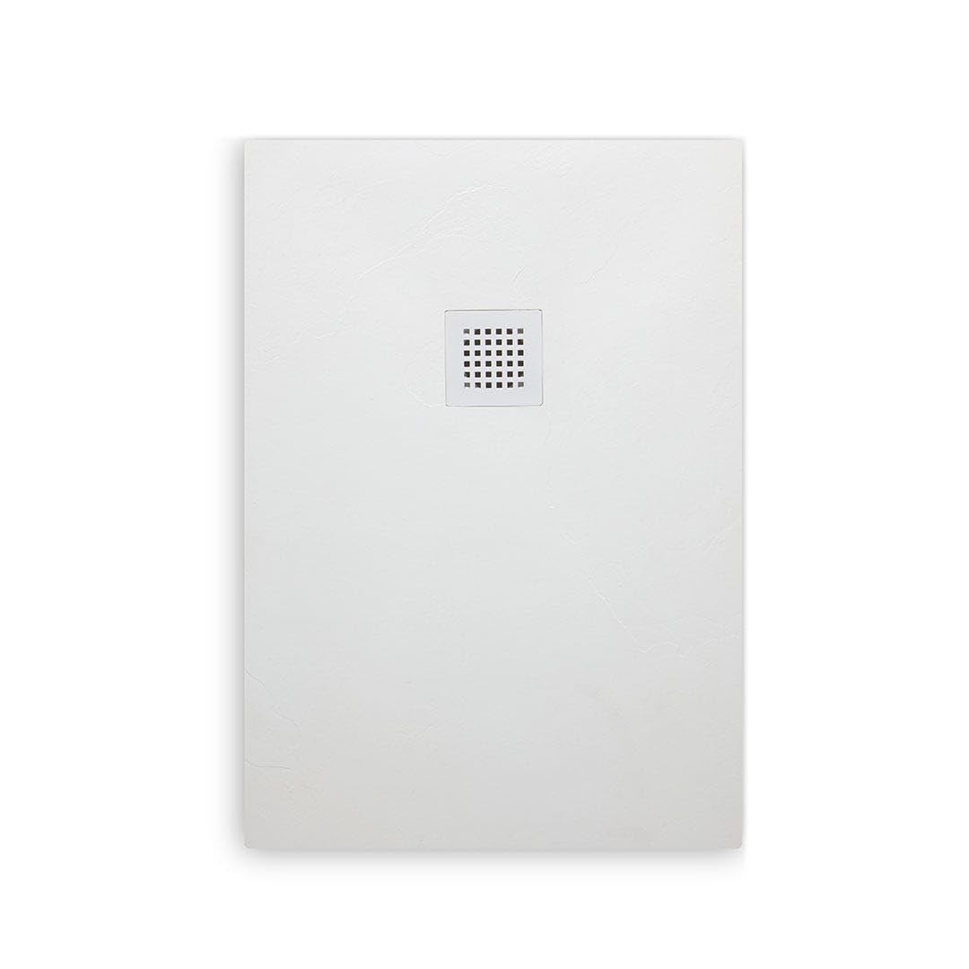 Kiamami Valentina - Piatto Doccia 70x100 Rettangolare Antiscivolo Riducibile in Resina Effetto Pietra Bianco, Solo 2,5 cm di Spessore, Copripiletta Acciaio Incluso