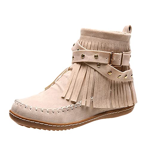 Botas vaqueras planas para mujer, botas de tobillo de ante con flecos, estilo retro, para otoño e invierno, media altura, sin cordones, con cremallera, puntera redonda, color sólido, cómodo, casual