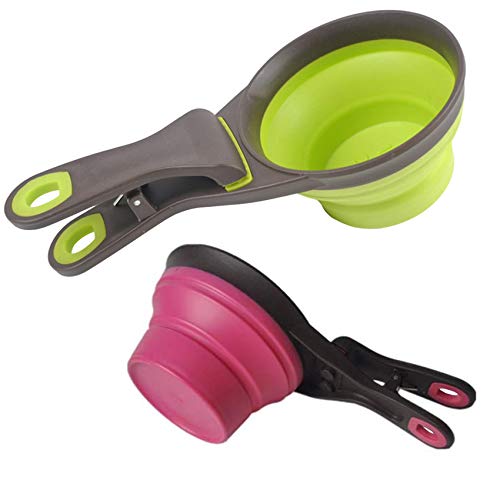 Acronde Collapsible Pet Scoop Silicone Measuring Cups Set Sealing Clip 3 in 1 Multi-Function Scoop Bowls Bag Clip for Dog Cat Food Water Set of 2 (1 Cup & 1/2 Cup Capacity)
