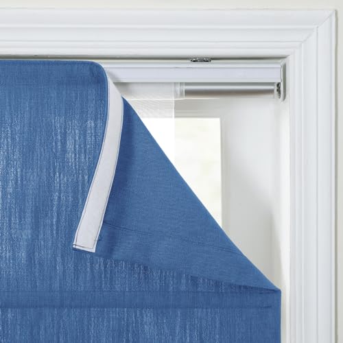 Image of TWOPAGES Isabella No Drill Cordless Roman Shade Linen Textured Cotton Roman Blind for Windows, Custom Made Room Darkening Blackout Roman Window Shade, Hardware Included, Blue, 1 Piece