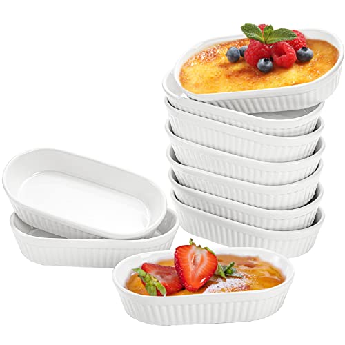 Foraineam 10 Pack White Ramekins, Porcelain Souffle Dishes, Oval Crème Brulée Ramekins for Baking, 6 Ounce Dessert Bowls Set for Soufflé, Pudding, Quiche, Snack, Custard, Dishwasher and Oven Safe