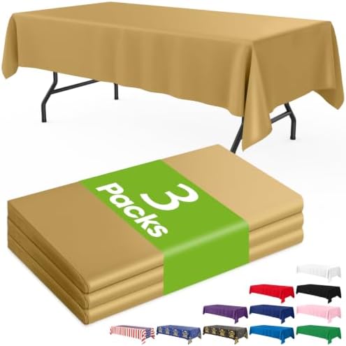 Pureegg Plastic Table Cloth Disposable 3 Pack, 54 x 108 Inch Table Cloths, Graduation Decorations, Thanksgiving, Christmas Tablecloths, Rectangle, Plastic Cover, Leakproof & Sturdy, Gold